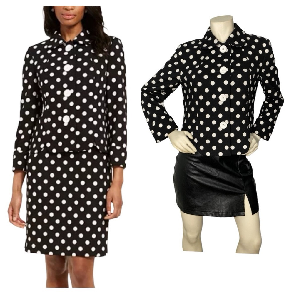 KASPER Black & White Polka Dot Peter Pan Collar Button Down Fitted Blazer Jacket